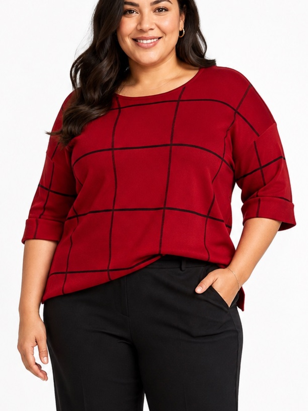 Tahari Red black plaid sweater pullover three-quarter sleeve plus size 2X